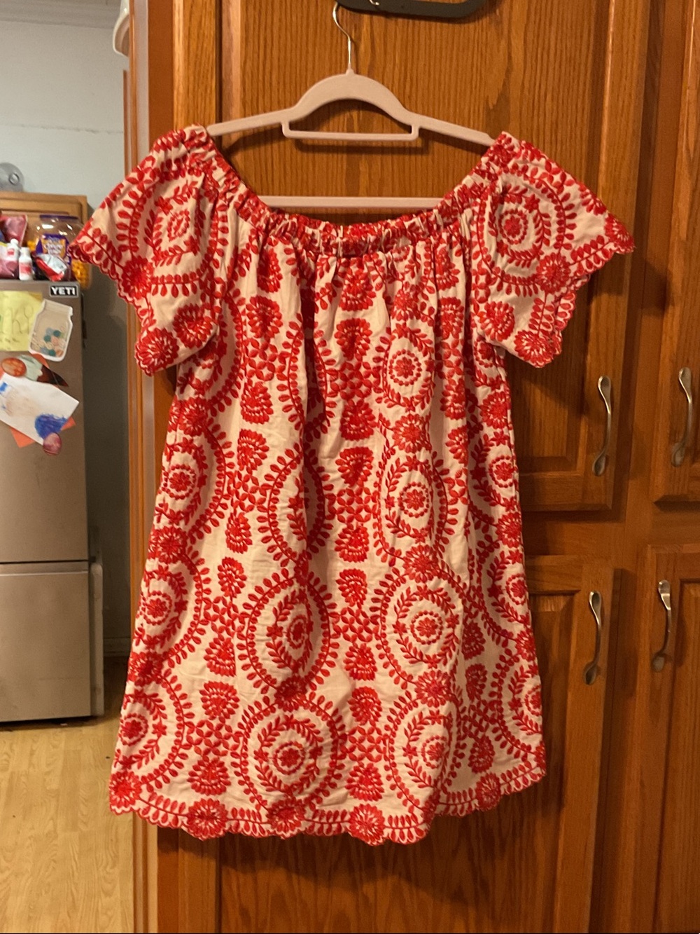 Entro red embroidered on white dress. Lined. Size medium ladies